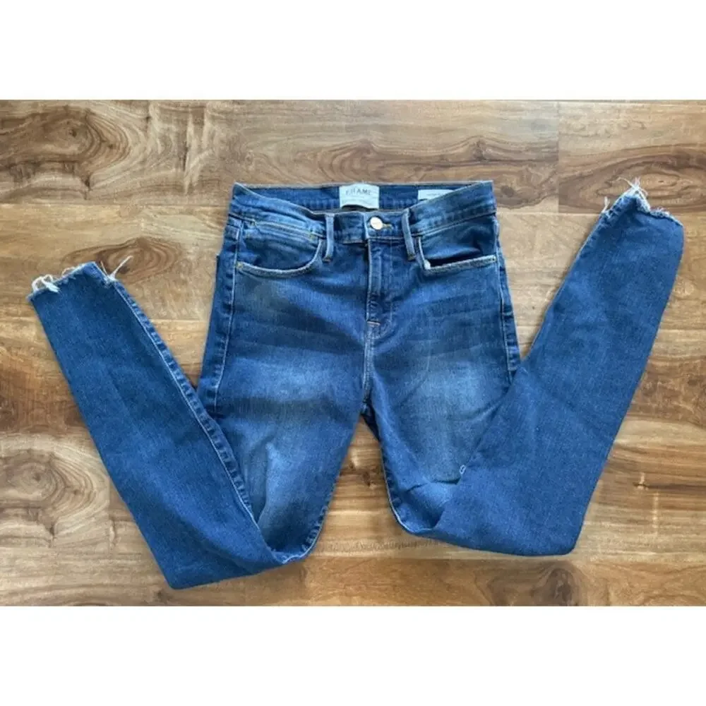 Frame Le High Skinny Distress Raw Step Hem Jeans in Woodbine Way- Size 26 - Picture 5 of 7